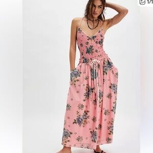 Free People pink floral seaside rose maxi skirt bodysuit tank set New
